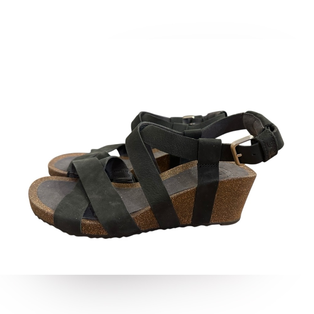 Teva Mahonia Sandals Women's 6 Black Nubuck Leather Strappy Cork Wedge Buckle - Picture 2 of 9